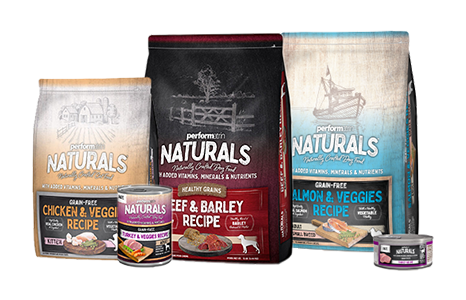 A variety of Performatrin Naturals products, including bags and cans from the brand "Naturals."